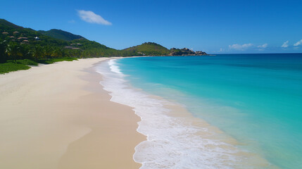 Obraz premium Pristine Tropical Beach with White Sand and Turquoise Waters Against Mountain Backdrop