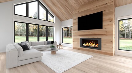 Bright Modern Living Room with Fireplace and Scenic Views
