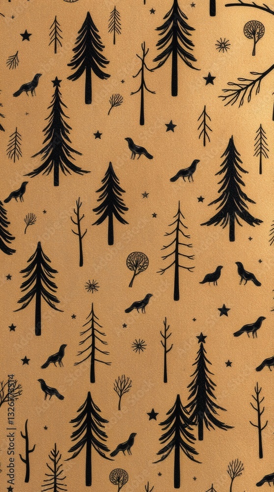Poster a patterned image with trees and animals illustrated on brown surface