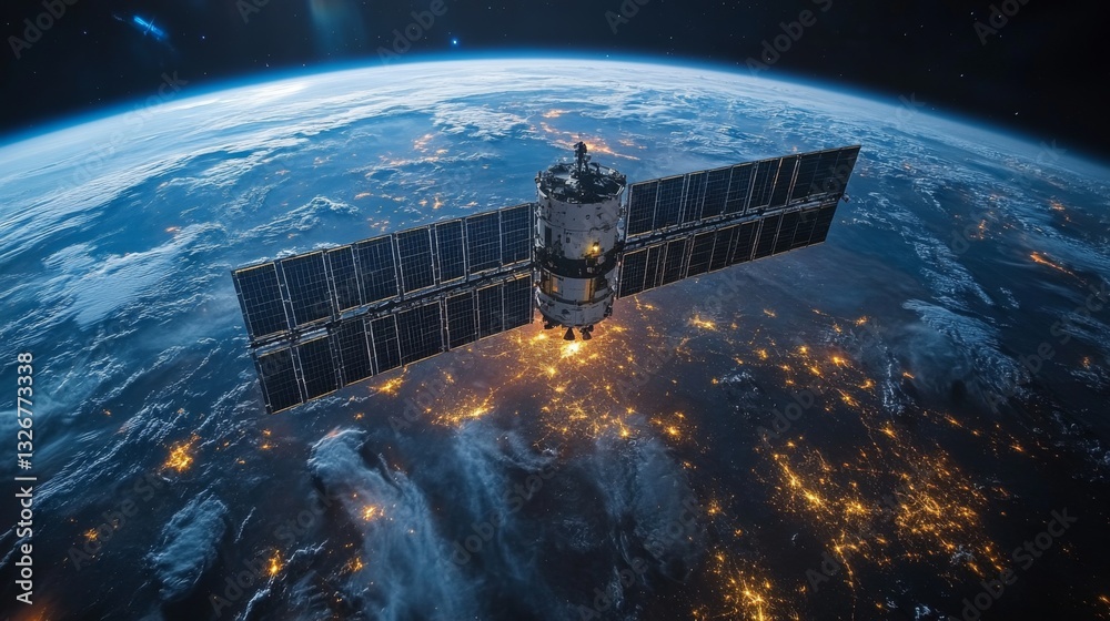 Poster a satellite is positioned in orbit around earth, facilitating gps and gnss services while transmitti