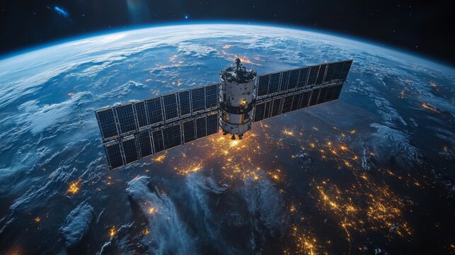 A satellite is positioned in orbit around Earth, facilitating GPS and GNSS services while transmitting telemetry signals for precise positioning and tracking to various ground stations.