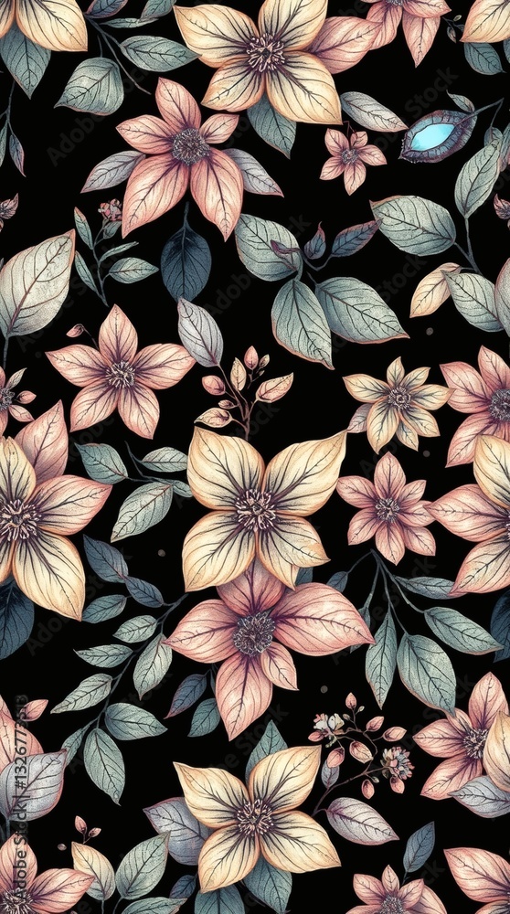 Leinwandbilder a seamless floral pattern with a dark background, featuring an array of flowers and leaves, creating