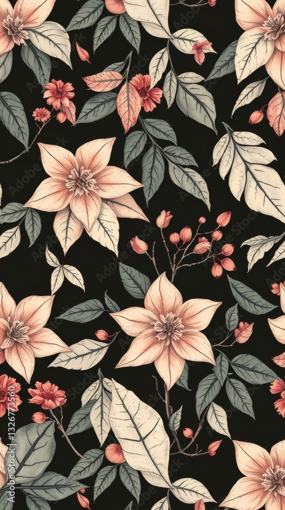 Poster a floral seamless pattern featuring elegant flowers and leaves, arranged on a dark background, creat