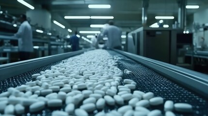 Pharmaceutical Pills on Conveyor Belt in Factory