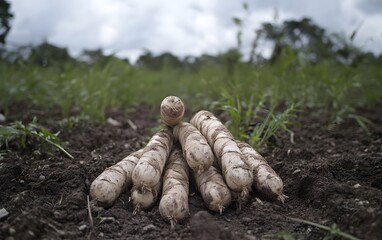 Freshly Harvested Cassava Roots in Farm Field