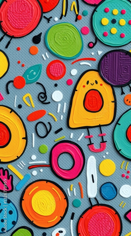 Poster a playful and vibrant abstract design with various colorful shapes and whimsical characters