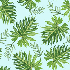 Summer tropic background. Seamless vector tropical illustration with palm leaves. Jungle print.
