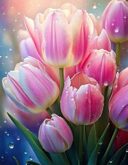 Fototapeta premium A highly detailed digital painting of delicate, pale pastel tulips. The flowers feature multiple pastel shades, with smooth, velvety petals that display a subtle gradient of light and shadow,.