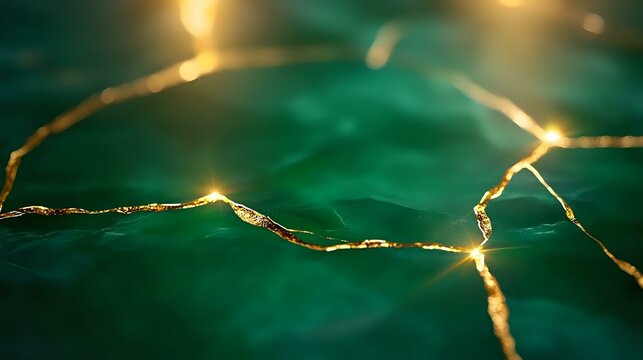 Golden cracks on emerald green background, kintsugi art style with glowing light effects and smooth bokeh texture creating luxurious abstract pattern.