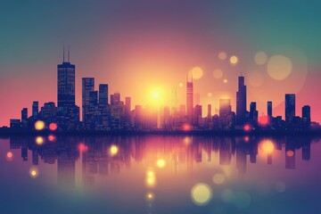 A vibrant urban cityscape reflecting in calm tranquil water at sunset