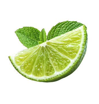 Fresh green lime quarter slice with attached mint leaves, showing the juicy citrus flesh and green rind isolated on a transparent background