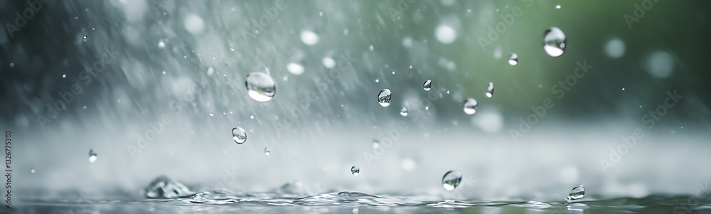 Poster raindrops cascading down, creating a serene atmosphere in nature.