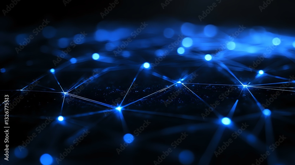 Poster Glowing blue network connections on dark background with interconnected nodes and lines creating futuristic technology pattern for digital transformation concepts.