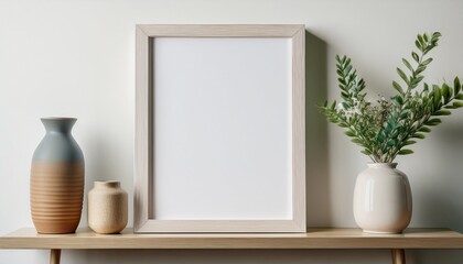 Framed empty poster mockup on a modern shelf, surrounded by minimalist home decor with neutral colors