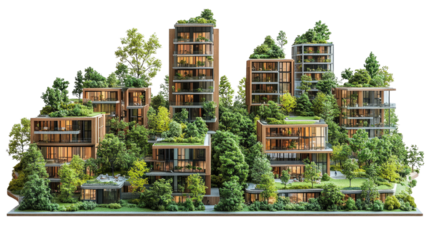 Eco-Friendly Urban Oasis: A meticulously crafted architectural model showcases a modern, sustainable community integrating lush greenery into its design, promoting eco-conscious living. 