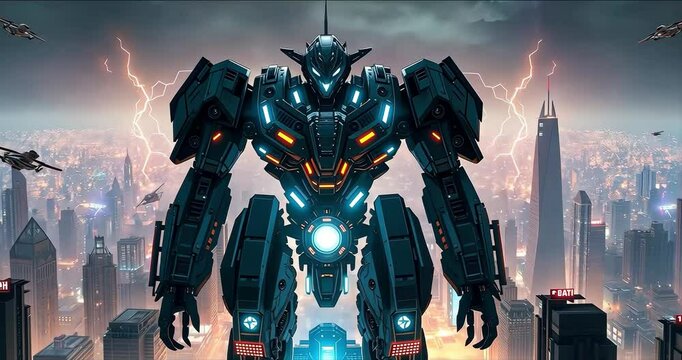 Giant robot in futuristic city, powerful, battling