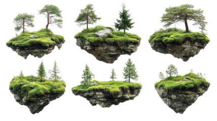 Floating Islands: A whimsical composition presents a series of miniature, moss-covered islands, each uniquely adorned with diverse trees, creating a surreal landscape