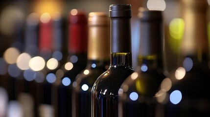 A row of wine bottles in focus, soft background blur; elegance and craftsmanship in every detail.

