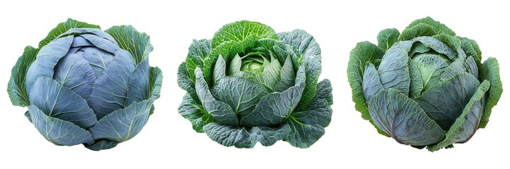 Fototapeta premium Fresh green cabbages showcasing vibrant colors and textures, perfect for healthy meals and culinary delights. Isolate on the white background