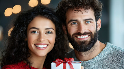 Romantic surprise man gifts woman on valentine's day cozy indoor setting joyful expression heartwarming moment