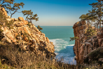Korean coast line cliffs with a view on the sea horizon line