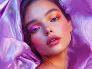 Naklejka premium Radiant Womans Face on Purple Silk, Symbolizing Beauty, Elegance, and Serenity. Perfect for Cosmetics Ads, Beauty Blogs, and Fashion Magazines.