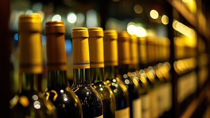 A row of wine bottles in focus, soft background blur; elegance and craftsmanship in every detail.
