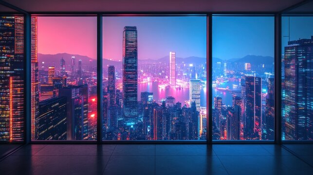 Fototapeta Stunning Cityscape View through Large Windows at Twilight with Neon Lights