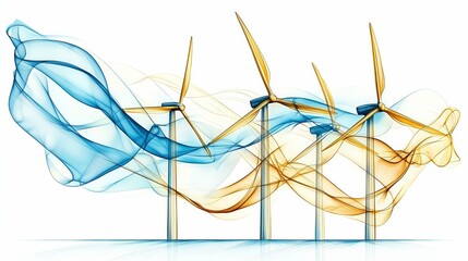 Wind turbines with flowing blue and golden waves in a dynamic design.