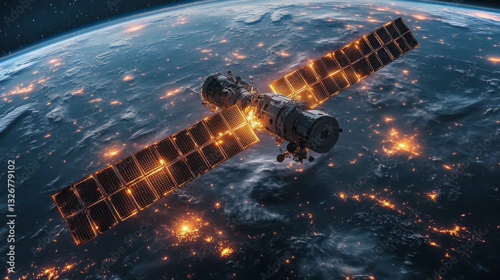 Poster a spacecraft is captured in low earth orbit displaying illuminated solar panels, with bright city li