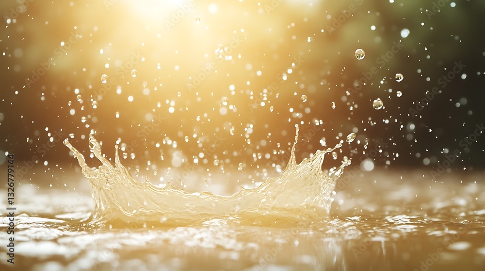Aufkleber Water splash illuminated by sunlight, creating a serene and refreshing atmosphere.