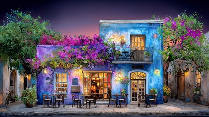 Naklejka premium Colorful building adorned with flowers and outdoor seating at dusk.