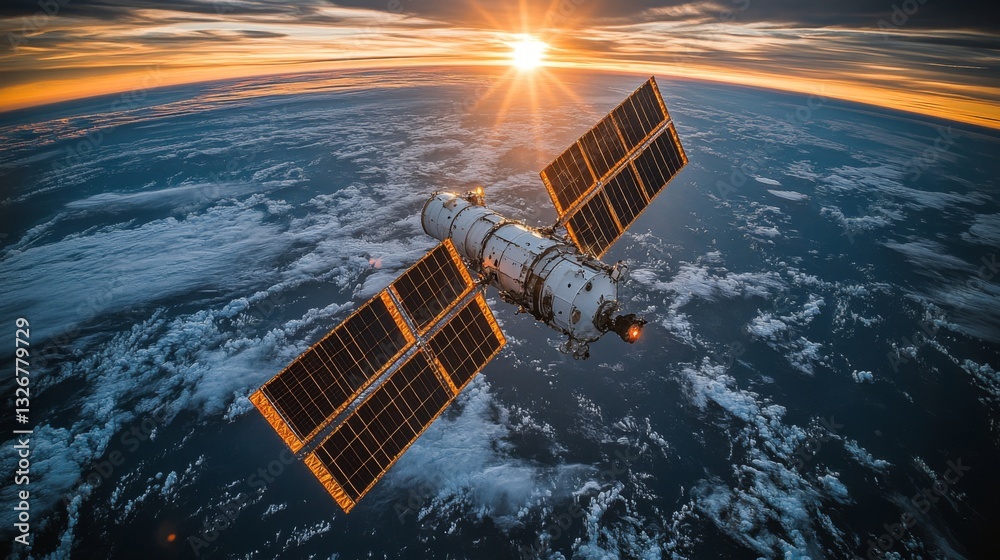 Poster a satellite orbits earth, collecting telemetry and gps signals as the sun sets on the horizon. the s