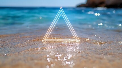 Fototapeta premium Glowing triangle frame on sandy beach with turquoise ocean waves and bokeh light effects, modern minimal summer aesthetic for social media and design projects.