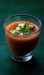 Refreshing gazpacho served in a clear glass against a muted deep green background in a summer setting