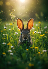 Adorable rabbit in sunny meadow surrounded by wildflowers and grass