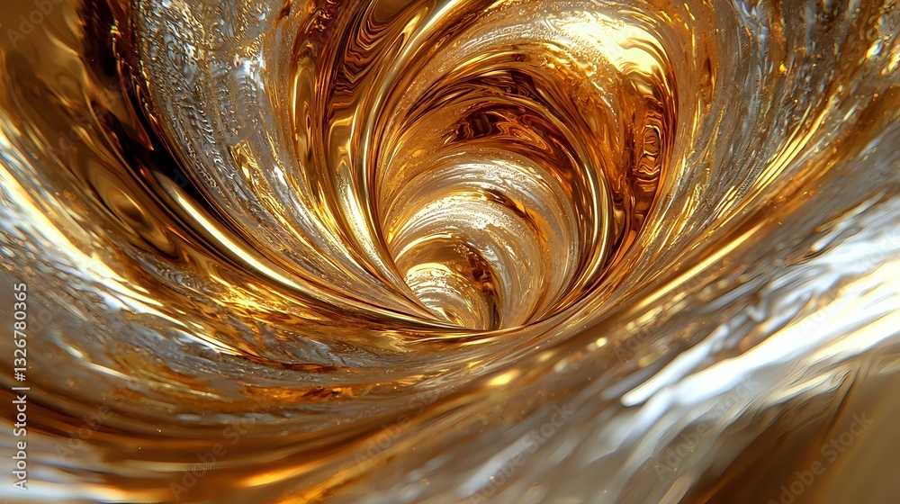 Poster swirling golden liquid vortex with metallic texture and dynamic flow creates dramatic abstract backg