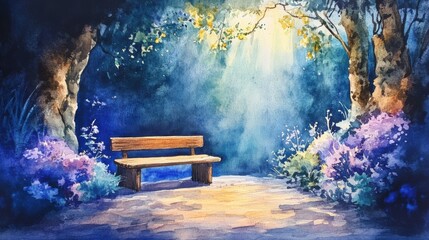 Relaxing bench surrounded by flowers in a peaceful forest glade