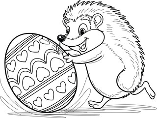 A friendly hedgehog with simplified, spiky contours is rolling a large Easter egg with clear patterns