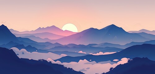 Obraz premium Tranquil mountain landscape at sunrise with layered peaks, misty valleys, and rising sun casting pink and purple hues across serene wilderness scenery.