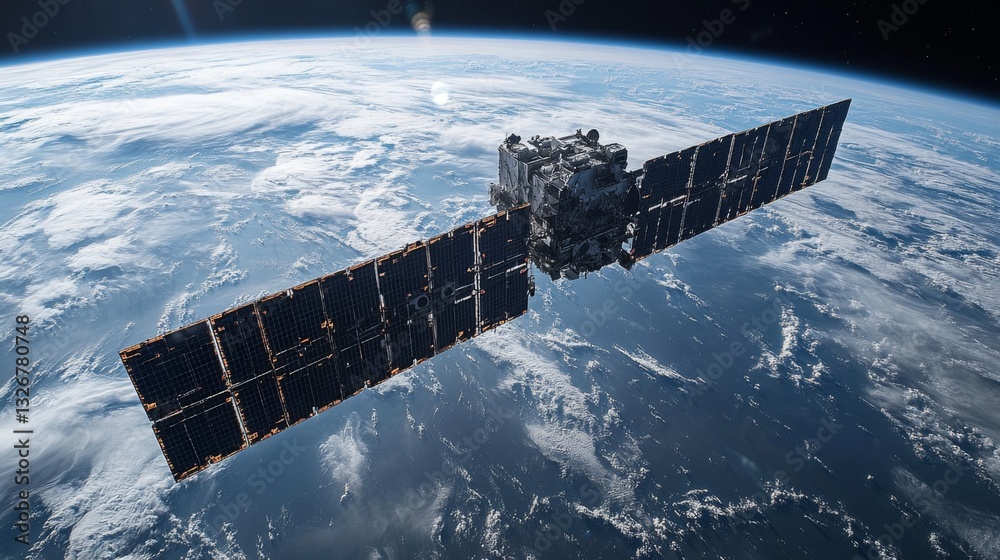 Poster a satellite is positioned in low earth orbit, actively transmitting telemetry data. the spacecraft i