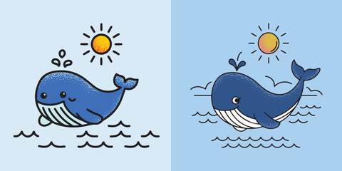 Cute whale illustrations with sun and water