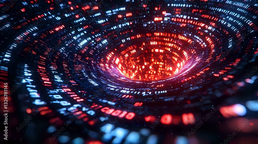 Poster digital vortex of binary code spiraling into glowing red center against dark background, creating fu