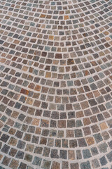 Multi-colored paving stones are laid in circles on the path. Top view