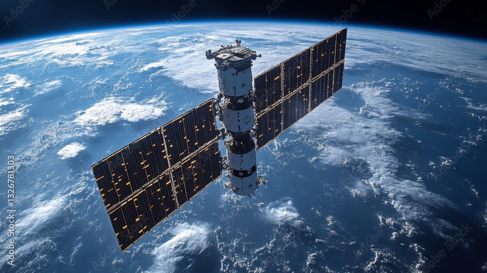 Aufkleber Satellite equipped with solar panels operates in low Earth orbit, actively transmitting signals for global navigation and positioning systems while providing telemetry data.