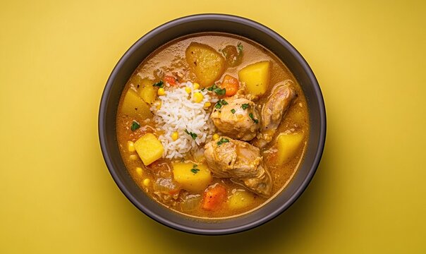 Delicious sancocho de gallina served in a charcoal gray bowl with rice and vibrant ingredients against a soft yellow backdrop - Powered by Adobe