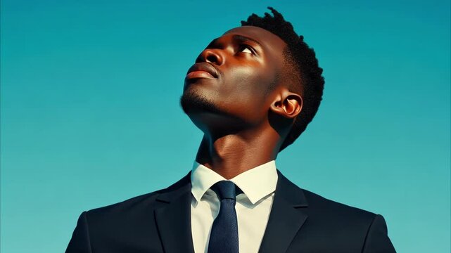 Confident man in suit looking up against clear blue sky, embodying ambition and determination for brighter future.