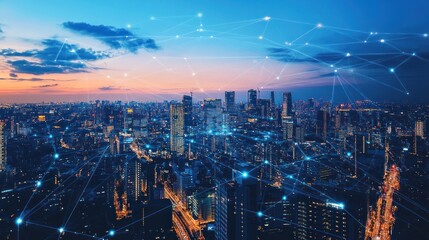 Fototapeta premium Futuristic cityscape illuminated by a global network with smart city connection