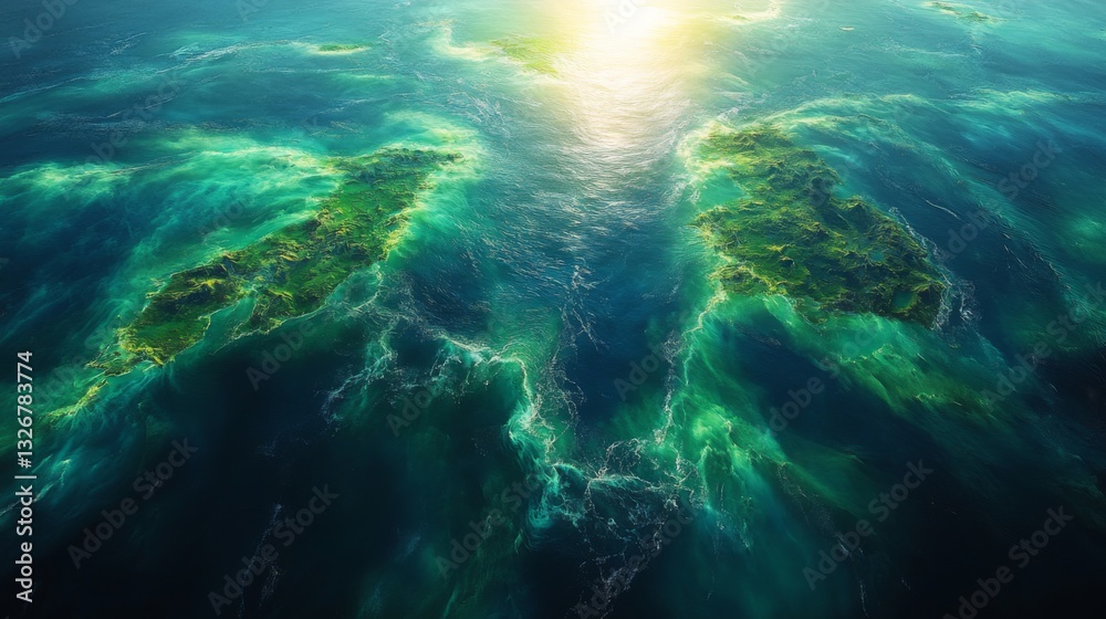 Poster high-resolution satellite captures geospatial details of ocean water surrounding two lush islands, s
