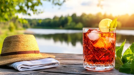 Beachside refreshment flat lay golden hour lemonade honey and hydration juice in nature's embrace